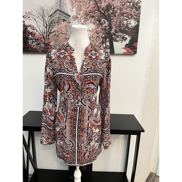 Gianni Bini Women’s Tunic Top Blouse Paisley Size M Long Sleeve V Neck - Picture 1 of 15